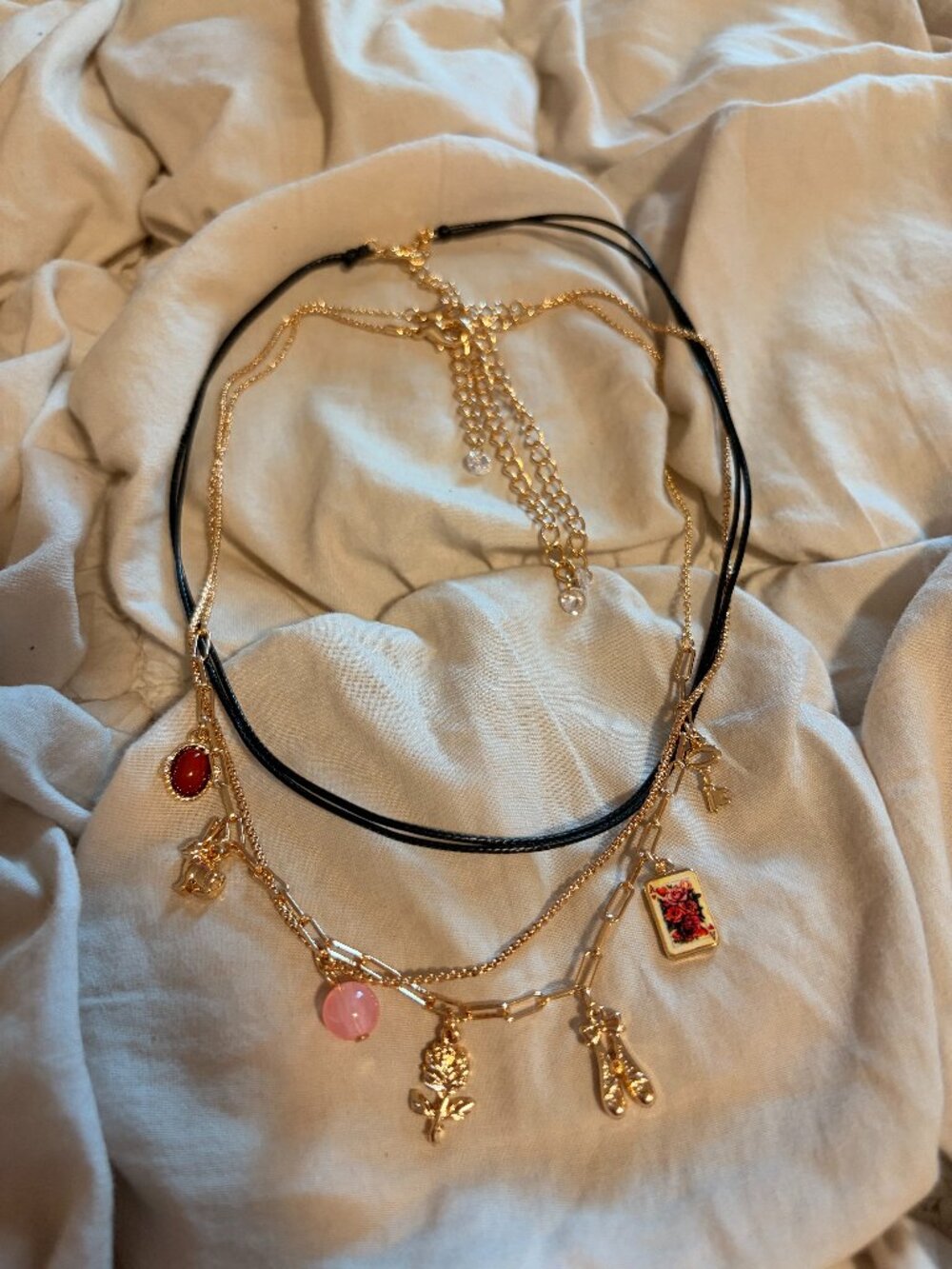 Free People Coquette Whimsigoth Layered Charm Necklace Gold Ballet Rose